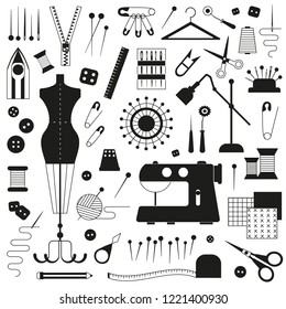 Sewing and dressmaking equipment and handcraft supplies elements set. Tailor needlework accessories with mannequin, spool of thread, needle, scissors, fabric, pincushion and sewing machine.