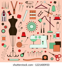Sewing and dressmaking equipment and handcraft supplies elements. Tailor needlework accessories with mannequin, spool of thread, needle, scissors, fabric, pincushion and sewing machine.