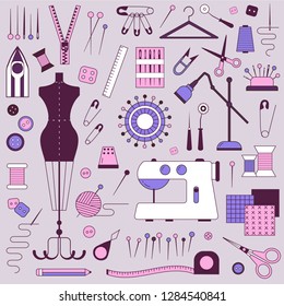 Sewing and dressmaking equipment and handcraft supplies elements set. Tailor needlework accessories with mannequin, spool of thread, needle, scissors, fabric, pincushion with pins, sewing machine.