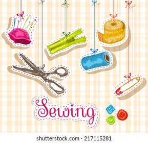 Sewing dressmaking and needlework accessories sketch composition vector illustration