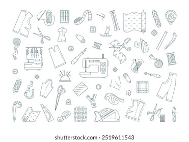 Sewing elements and materials for sewing and needlework in icons outline set. Tailoring tools, equipment and accessories. Threads, buttons, needle, scissors, dummy, patterns. Vector line illustration