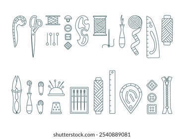 Sewing elements for sewing and needlecraft in outline. Line icons set. Tailoring tools, dressmaker equipment and needlework accessories. Threads, buttons, needle, scissors. Vector illustration