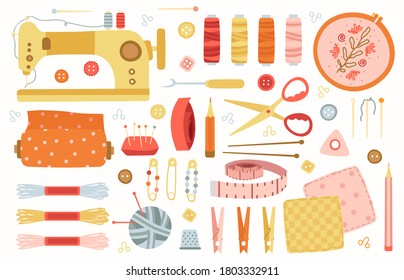 Sewing elements. Needlework handmade hobby tools, sewing, needlework, knitting accessories, machine, needles and scissors vector illustration set. Handmade equipment, needlework and sewing