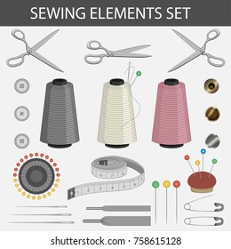 Sewing elements set in vector. Scissors, buttons, thread, needles, pins, cord and tape measure.