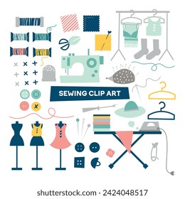 Sewing Elements Vector Design. Sewing clip art on white background. Set of Tailor and Sewing Tools Cute Sticker Illustration