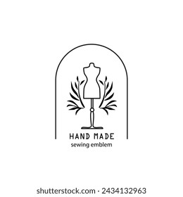 Sewing emblem. Woman mannequin. Hand made symbol. Hand craft logotype. Line style vector design. 