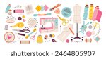 Sewing and embroidery collection. Sewing machine, threads and needles for needlework. Vector illustrations of sewing tools, equipment and accessories