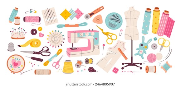 Sewing and embroidery collection. Sewing machine, threads and needles for needlework. Vector illustrations of sewing tools, equipment and accessories