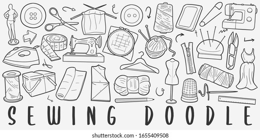 Sewing and Embroidery Doodle Line Art Illustration. Hand Drawn Vector Clip Art. Banner Set Logos.