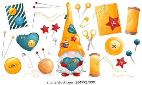 Sewing, embroidery and knitting collection. Funny tailor with sewing tools and accessories. Vector illustration.