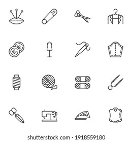 Sewing, embroidery line icons set, needlework outline vector symbol collection, linear style pictogram pack. Signs, logo illustration. Set includes icons as sewing machine, iron, scissors, mannequin