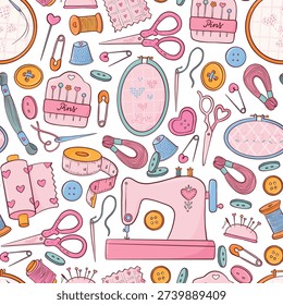 Sewing and embroidery tools doodles, threads, buttons, needles for textile prints, craft themes, wallpapers, digital paper, backgrounds and hobby designs. EPS 10