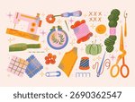 Sewing and embroidery tools sewing machine, scissors, thread spools, yarn, fabric patches, measuring tape, embroidery hoop, pins, and needles. Flat vector illustration Handicraft and DIY concept