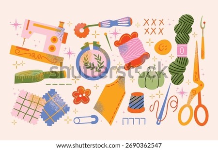 Sewing and embroidery tools sewing machine, scissors, thread spools, yarn, fabric patches, measuring tape, embroidery hoop, pins, and needles. Flat vector illustration Handicraft and DIY concept