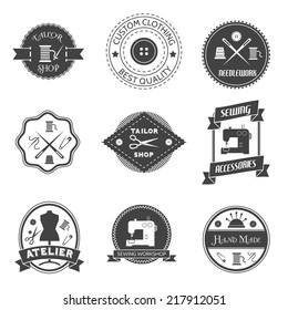 Sewing equipment atelier tailor shop label set isolated vector illustration