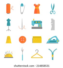 Sewing equipment and dressmaking accessories icons set with needle tape measure zipper flat isolated vector illustration