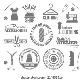 Sewing equipment fashion tailor accessories black labels set isolated vector illustration