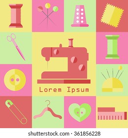 Sewing equipment in flat colorful icons. Isolated. All for hand made.