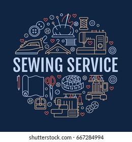 Sewing equipment, hand made studio supplies banner illustration. Vector line icon needlework accessories - machine, fabric, iron, hanger, DIY tools. Tailor store template with place for text.