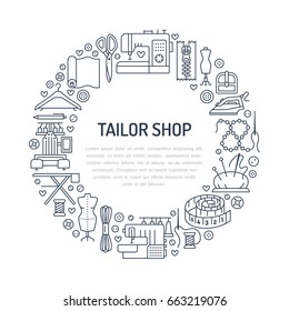 Sewing equipment, hand made supplies banner illustration. Vector line icon needlework accessories - machine, fabric, pin, iron, hanger, DIY tools. Tailor store template with place for text.