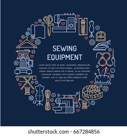 Sewing equipment, hand made supplies banner illustration. Vector line icon needlework accessories - machine, fabric, pin, iron, hanger, DIY tools. Tailor store template with place for text.