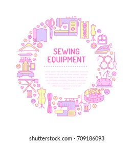 Sewing equipment, hand made supplies banner illustration. Vector line icon needlework accessories - machine, fabric, pin, iron, hanger, DIY tools. Tailor store template with place for text