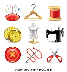 Sewing equipment icons detailed photo-realistic vector set