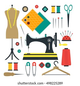 Kit de equipos de costura y herramientas para el equipo de artesanía o peto como agujas, máquina de coser, alfiler. Estilo de diseño plano de accesorios nuevos. Ilustración vectorial del conjunto de objetos de color para costura y artesanía