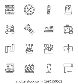 Sewing equipment line icons set. linear style symbols collection, outline signs pack. vector graphics. Set includes icons as needlework thimble, sewing machine, scissors, button, zipper, tailor dummy