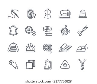 Sewing equipment linear set of icons. Needle, thread, scissors, scraps of fabric and iron for needlework and creativity. Design for apps. Cartoon flat vector collection isolated on white background
