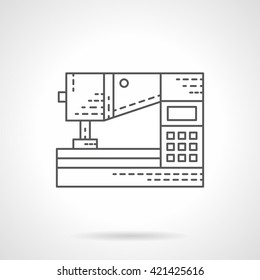 Sewing equipment. Machine for embroidery with task panel. Dressmaking and fashion industry. Flat line style vector icon