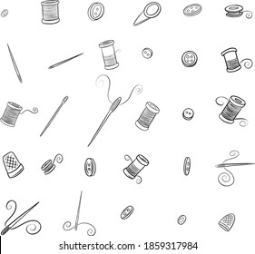 Sewing Equipment Needles, Thread Cotton Reels and Buttons for Crafts and Hobbies Sweet Illustrations