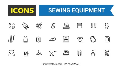 Sewing equipment and needlework icon set. Outline icons pack. Editable vector icon and illustration.