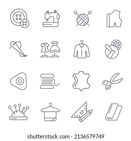 Equipo de costura e iconos de costura ajustados. Equipo de costura y símbolo de paquete de agujas vectores para web infográfica