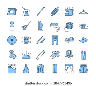 Sewing equipment and needlework line icon set blue color. Equipment for a sewing accessary. Custom clothing. Editable strokes.