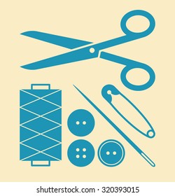 Sewing equipment and needlework set on light background