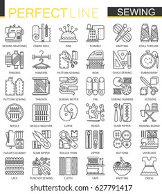 Sewing equipment outline concept symbols. Needlework thin line icons. Modern stroke linear style illustrations set.