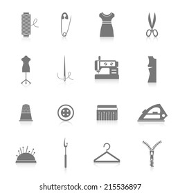 Sewing equipment and tailor accessories icons set with needle thread iron zipper black isolated vector illustration