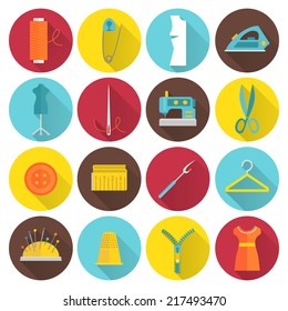 Sewing equipment and tailor needlework accessories icons with thread needle zipper isolated vector illustration