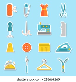 Sewing equipment and tailor needlework stickers set with button thimble pin isolated vector illustration