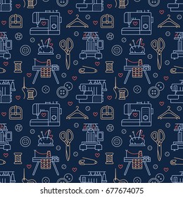 Sewing equipment, tailor supplies blue colored seamless pattern with flat line icons set. Needlework accessories - embroidery machine, pin, needle, DIY tools. Linear signs for hand made store.