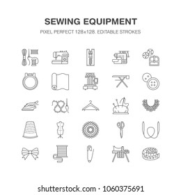 Sewing equipment, tailor supplies flat line icons set. Needlework accessories - sewing embroidery machine, pin, needle, thread, zipper, hanger and other DIY tools. Pixel perfect 128x128.