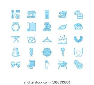 Sewing equipment, tailor supplies flat line icons set. Needlework accessories - sewing embroidery machine, pin, needle, thread, zipper, hanger and other DIY tools. Pixel perfect 128x128.