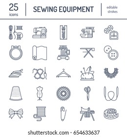 Sewing equipment, tailor supplies flat line icons set. Needlework accessories - embroidery machine, pin, needle, thread, zipper, hanger and other DIY tools.