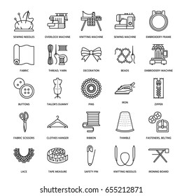 Sewing equipment, tailor supplies flat line icons set. Needlework accessories - embroidery machine, pin, needle, thread, zipper, hanger, DIY tools.