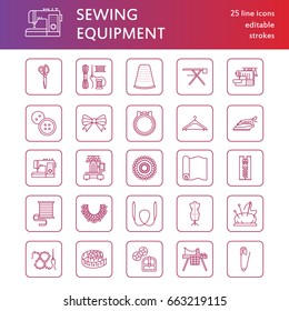 Sewing equipment, tailor supplies flat line icons set. Needlework accessories - embroidery machine, pin, needle, thread, zipper, hanger, DIY tools. 