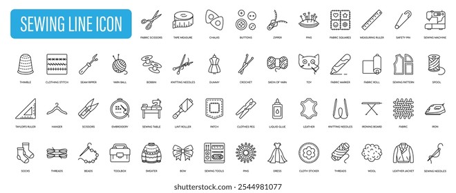 Conjunto de ícone de linha fina do equipamento de costura