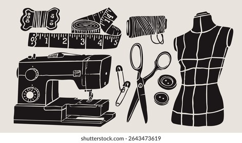 Sewing equipment, tools, accessories set. Mannequin, threads, needles, scissors, buttons, sewing machine, ruler. Monochrome trendy style. Hand drawn Vector illustration. Isolated design elements