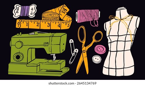Sewing equipment, tools, accessories set. Mannequin, threads, needles, scissors, buttons, sewing machine, ruler. Colorful trendy style. Hand drawn Vector illustration. Isolated design elements