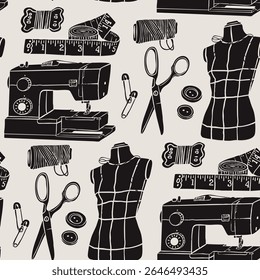 Sewing equipment, tools, accessories set. Mannequin, threads, needles, scissors, buttons, sewing machine, ruler. Monochrome trendy style. Hand drawn Vector illustration. Square seamless Pattern